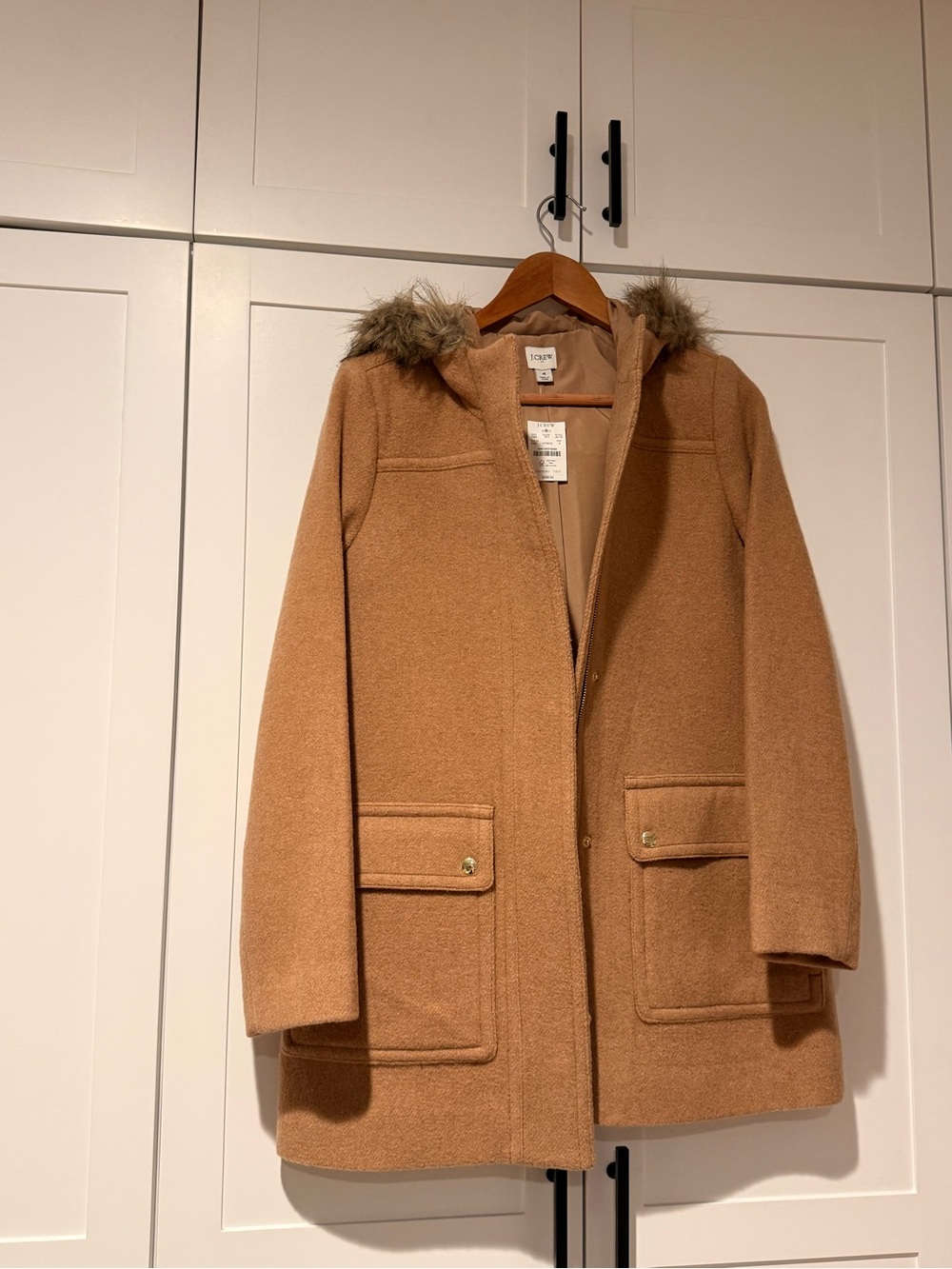 J. Crew Camel Wool-Blend Pea Coat with Faux Fur Trimmed Hood